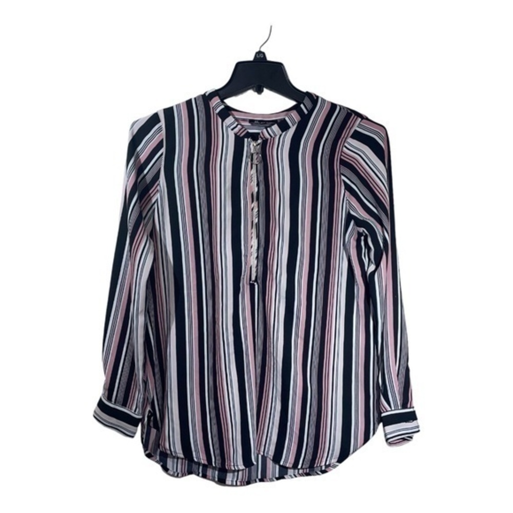 Lily Morgan Womens Half Zip Blouse Multicolor Striped Retro Mock Neck Size M